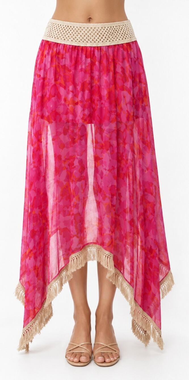Ramy Brook Swim Floral Riviera Skirt Pink Handkerchief Hem Tassel Size Medium